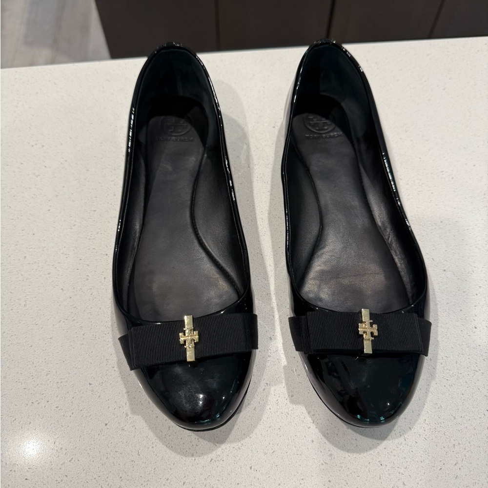Tory Burch Trudy Black Flats with Gold Logo